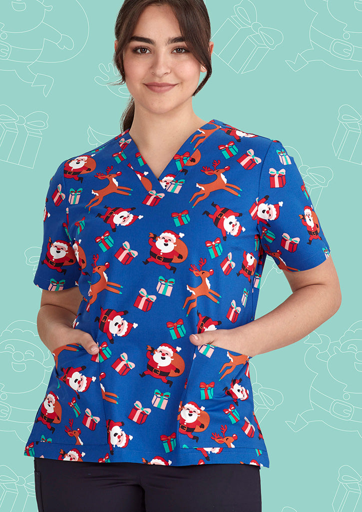 BIZ CARE Womens Christmas V-Neck Short Sleeve Scrub Top CST346LS