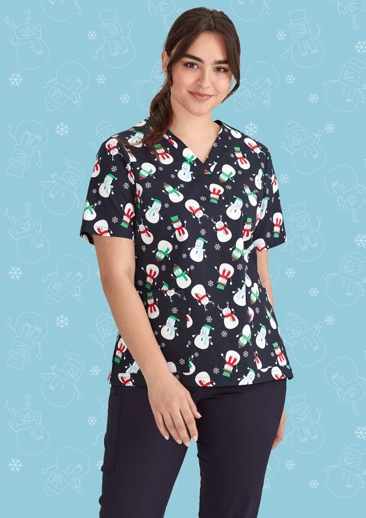 BIZ CARE Womens Christmas V-Neck Short Sleeve Scrub Top CST346LS