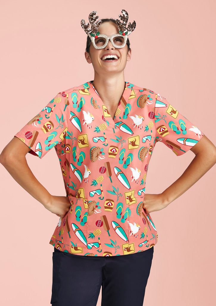 BIZ CARE Womens Christmas Short Sleeve V-neck Scrub (Cotton) CST446LS