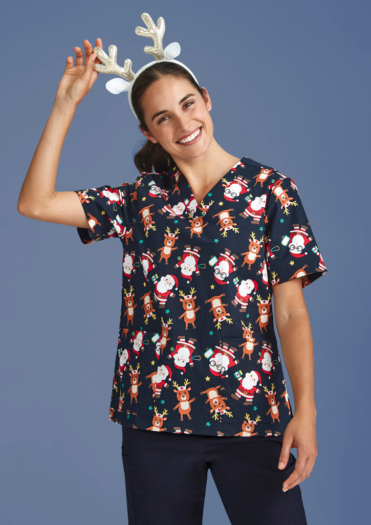 BIZ CARE Womens Christmas Short Sleeve V-neck Scrub (Cotton) CST446LS