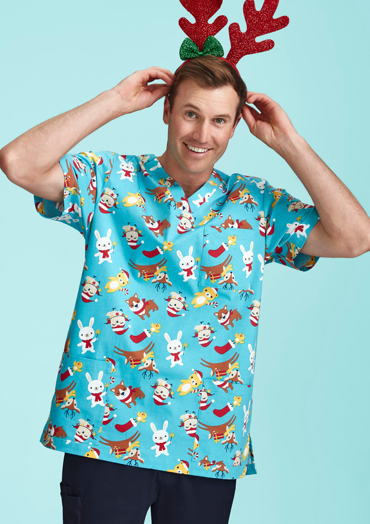 BIZ CARE Mens Christmas Short Sleeve V-neck Scrub CST446MS