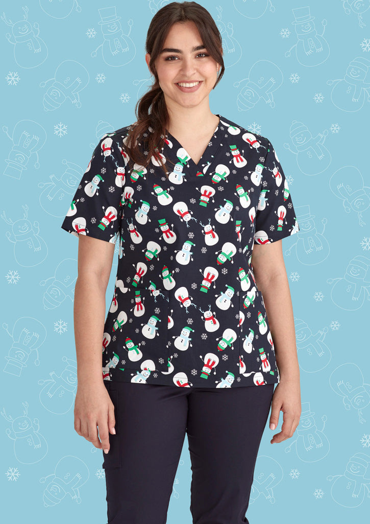 BIZ CARE Womens Christmas V-Neck Short Sleeve Scrub Top CST346LS
