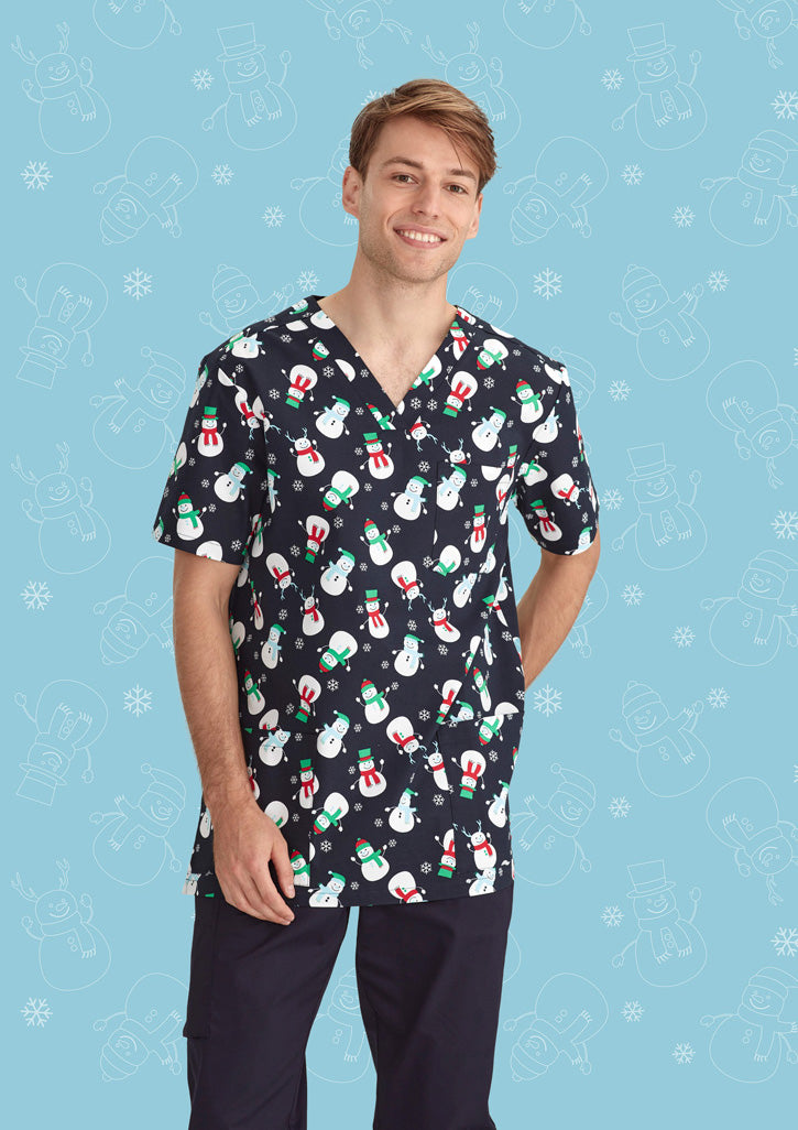 BIZ CARE Mens Christmas V-Neck Short Sleeve Scrub Top CST346MS
