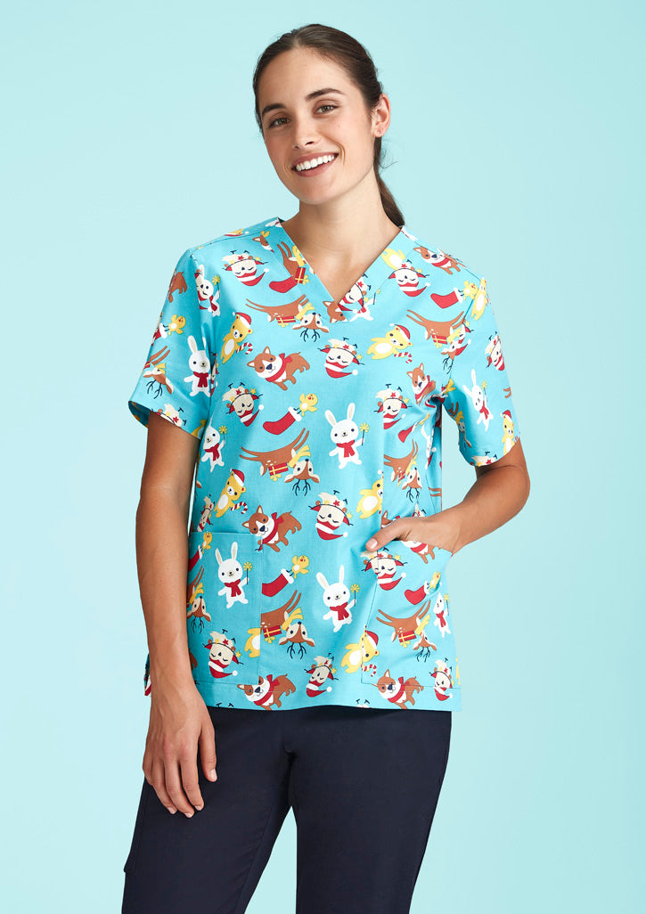 BIZ CARE Womens Christmas Short Sleeve V-neck Scrub (Cotton) CST446LS