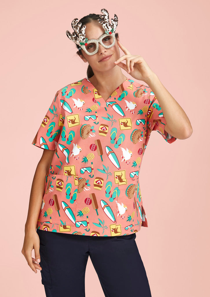 BIZ CARE Womens Christmas Short Sleeve V-neck Scrub (Cotton) CST446LS