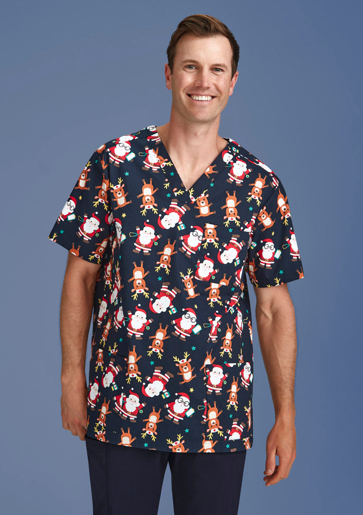 BIZ CARE Mens Christmas Short Sleeve V-neck Scrub CST446MS